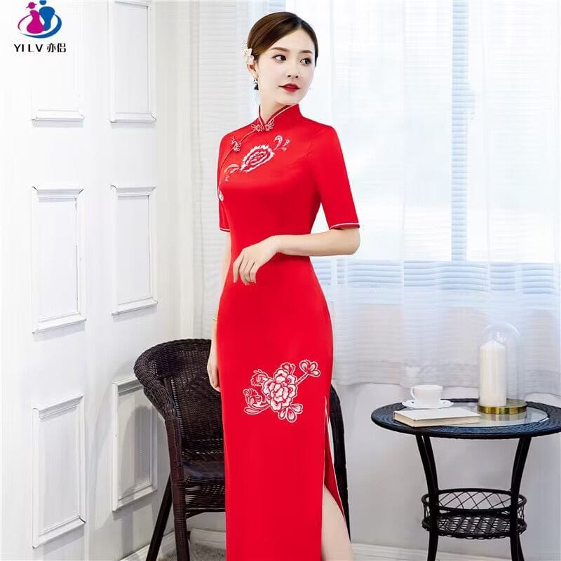 Beth and Brian Qipao-YS Floral print, red&blue long Cheongsam with elbow sleeves