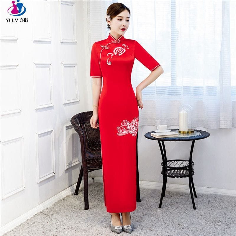 Beth and Brian Qipao-YS Floral print, red&blue long Cheongsam with elbow sleeves
