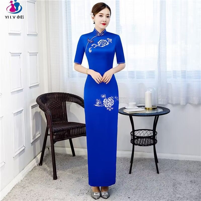 Beth and Brian Qipao-YS Floral print, red&blue long Cheongsam with elbow sleeves
