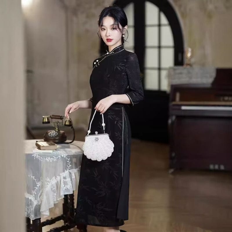 Beth and Brian Qipao-QDD Bamboo leaf pattern, velvet and mesh fabric, midi Ao dai