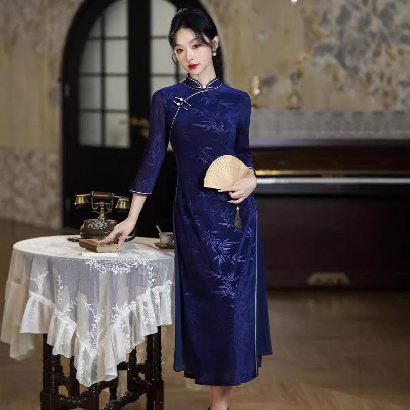 Beth and Brian Qipao-QDD Bamboo leaf pattern, velvet and mesh fabric, midi Ao dai