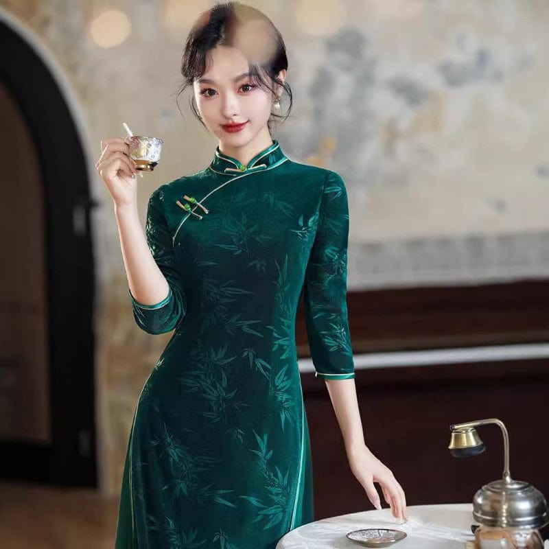 Beth and Brian Qipao-QDD Bamboo leaf pattern, velvet and mesh fabric, midi Ao dai