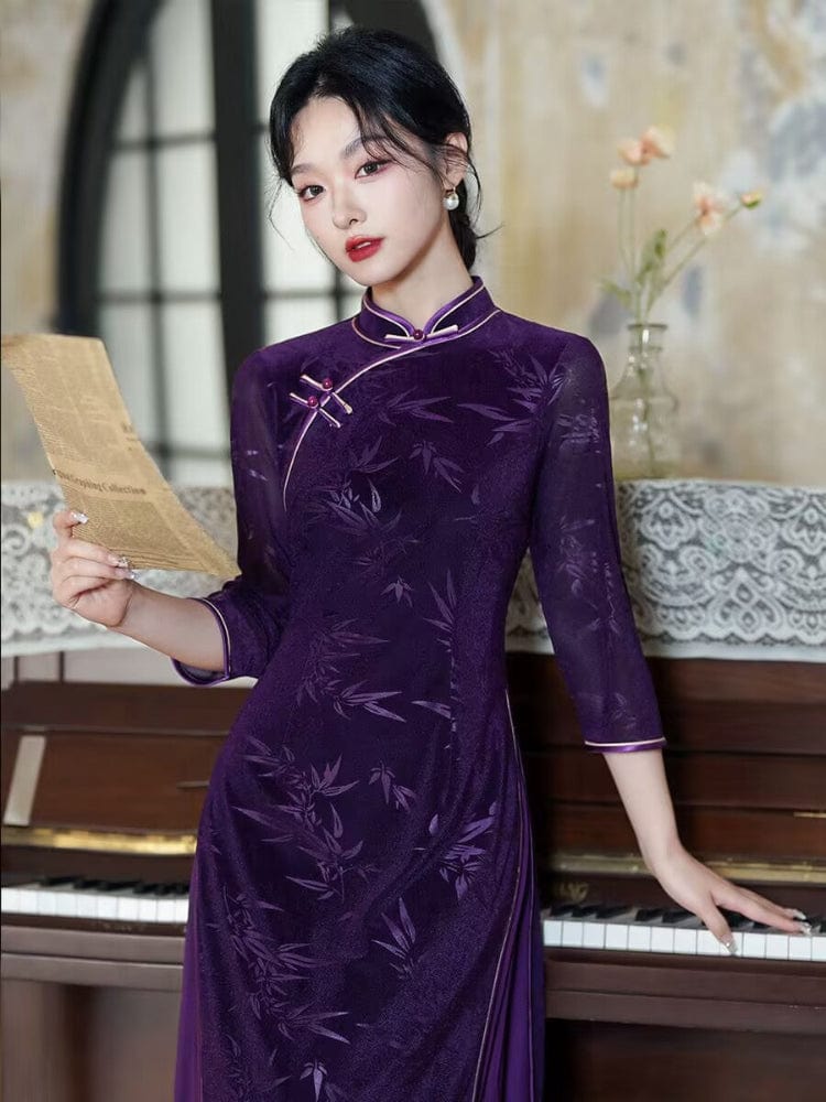 Beth and Brian Qipao-QDD Bamboo leaf pattern, velvet and mesh fabric, midi Ao dai
