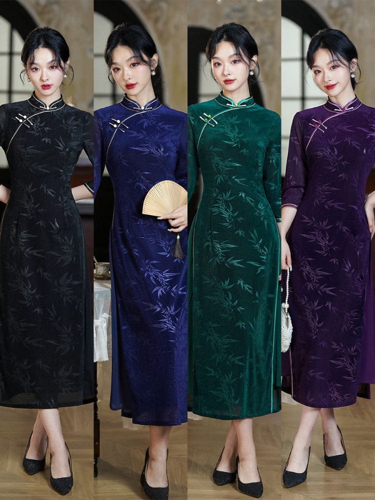 Beth and Brian Qipao-QDD Bamboo leaf pattern, velvet and mesh fabric, midi Ao dai
