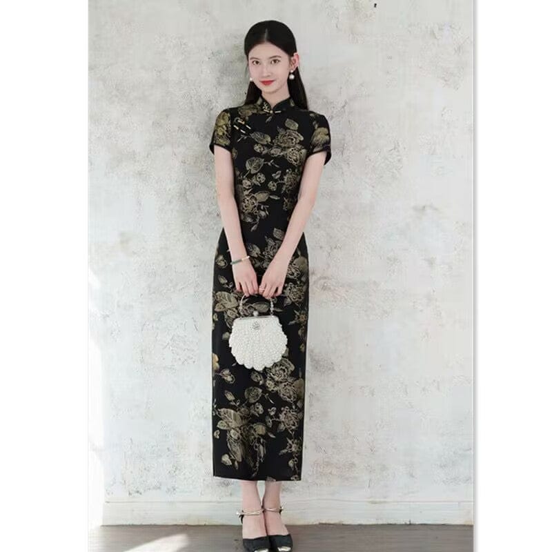 Beth and Brian Qipao-SYK Plus size, floral black long Cheongsam