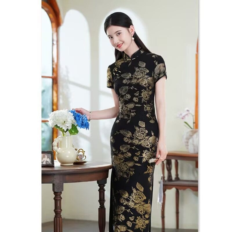 Beth and Brian Qipao-SYK Plus size, floral black long Cheongsam