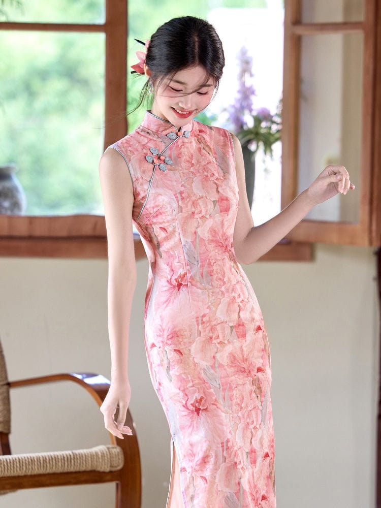 Beth and Brian Qipao-LSB Floral pattern, mesh fabric midi Cheongsam