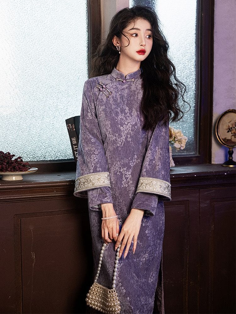 Beth and Brian Qipao-LSB Chenille floral midi Cheongsam with long sleeves