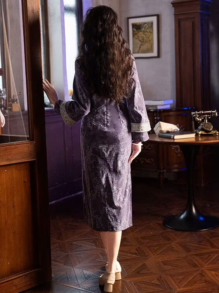 Beth and Brian Qipao-LSB Chenille floral midi Cheongsam with long sleeves