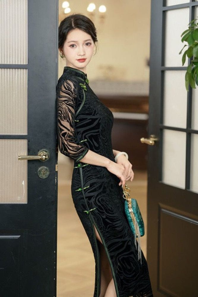 Beth and Brian Qipao-QDD Plus size long Cheongsam with three quarter sleeves