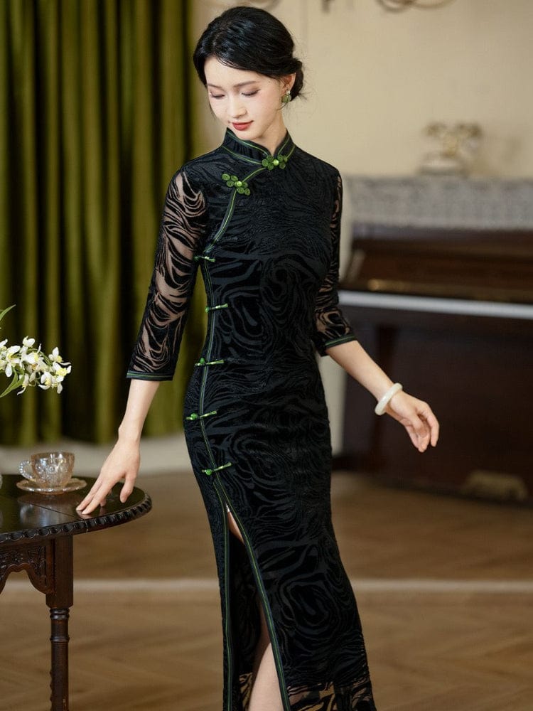 Beth and Brian Qipao-QDD Plus size long Cheongsam with three quarter sleeves