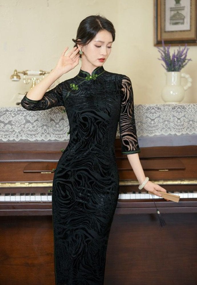 Beth and Brian Qipao-QDD Plus size long Cheongsam with three quarter sleeves
