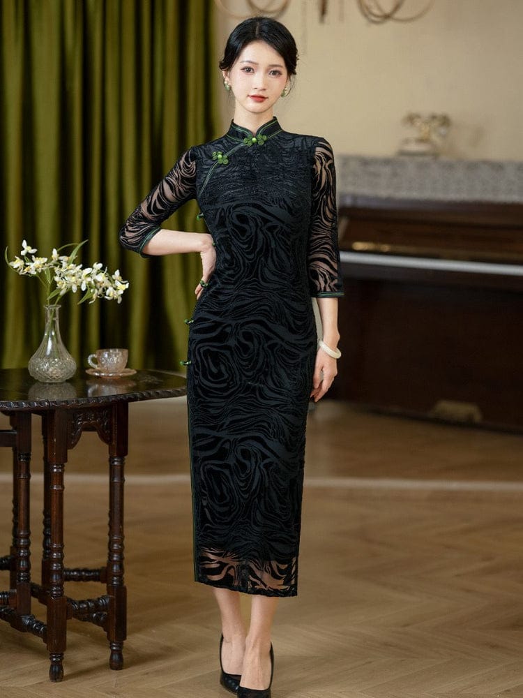 Beth and Brian Qipao-QDD Plus size long Cheongsam with three quarter sleeves