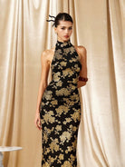 Beth and Brian Qipao-MO Backless, halter gold and black long Cheongsam