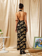 Beth and Brian Qipao-MO Backless, halter gold and black long Cheongsam