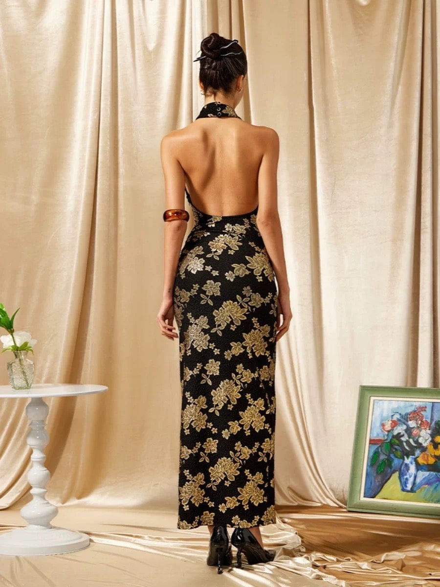 Beth and Brian Qipao-MO Backless, halter gold and black long Cheongsam