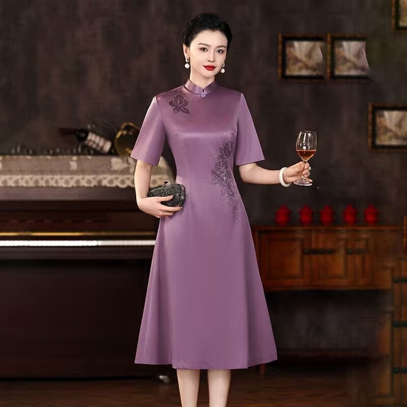 Beth and Brian Qipao-XX Floral pattern, purple midi A-line Cheongsam