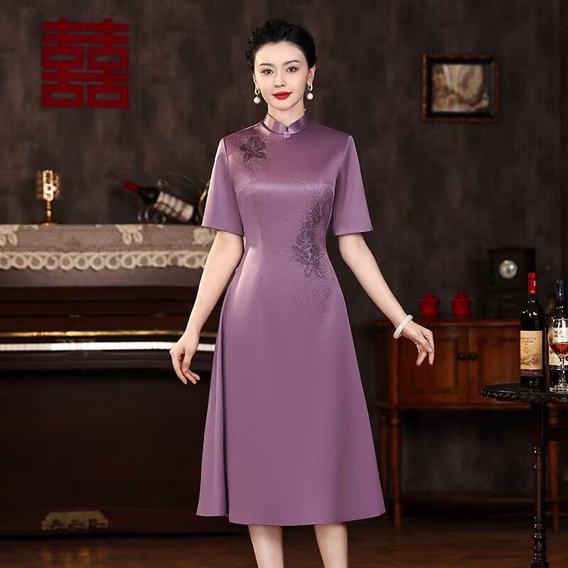 Beth and Brian Qipao-XX Floral pattern, purple midi A-line Cheongsam