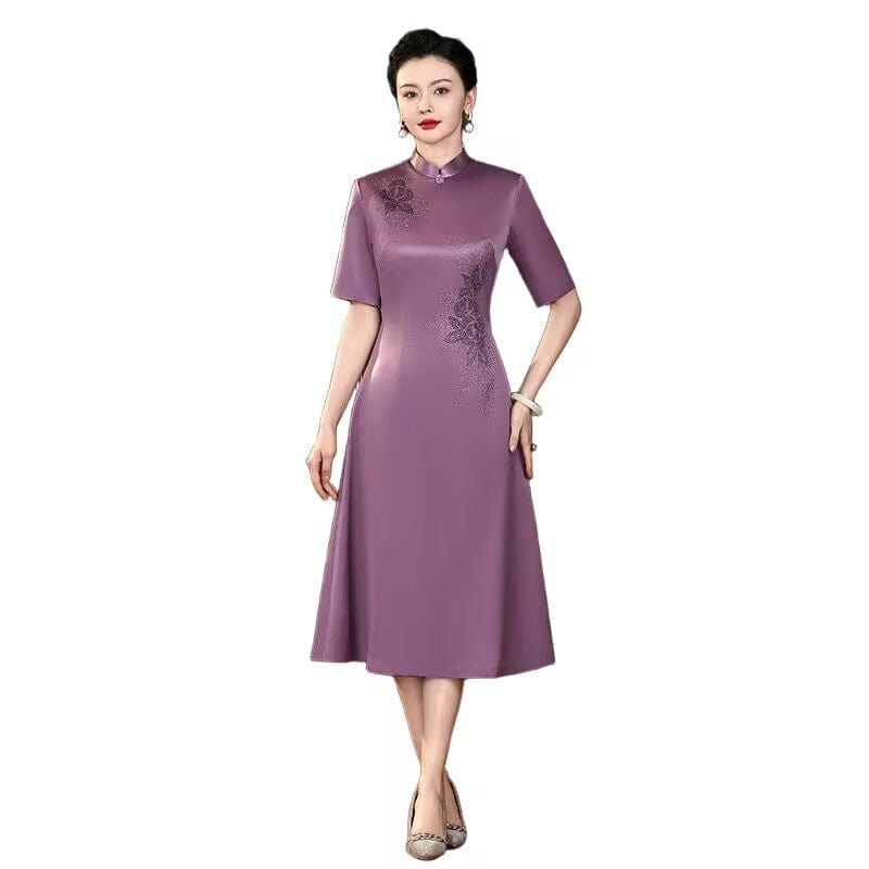 Beth and Brian Qipao-XX Floral pattern, purple midi A-line Cheongsam