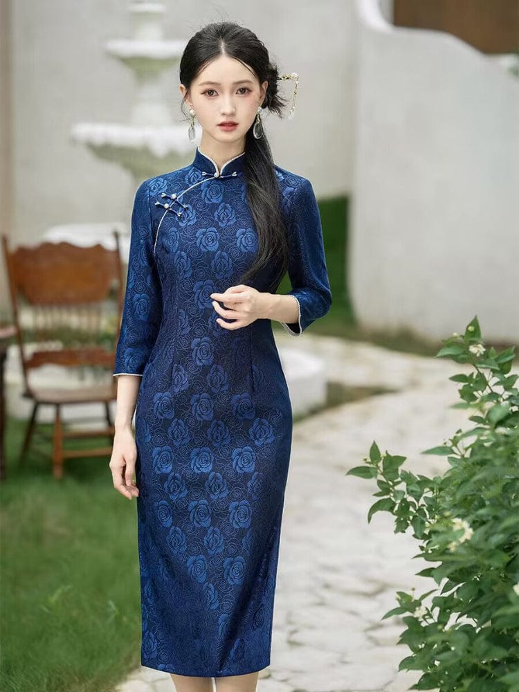 Beth and Brian Qipao-QDD Fall and winter collection, floral pattern midi plus size Cheongsam