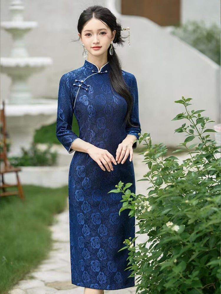 Beth and Brian Qipao-QDD Fall and winter collection, floral pattern midi plus size Cheongsam