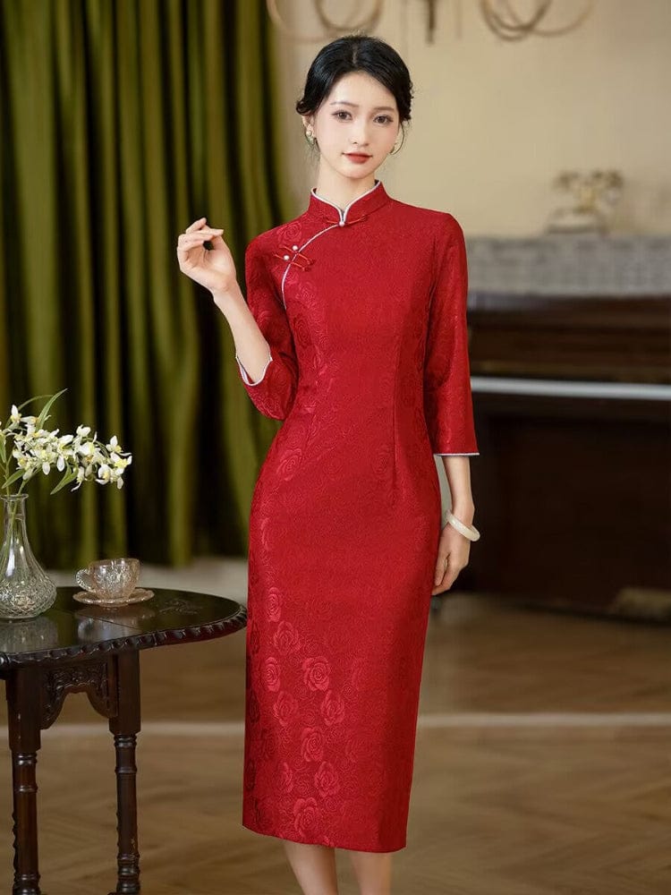 Beth and Brian Qipao-QDD Fall and winter collection, floral pattern midi plus size Cheongsam