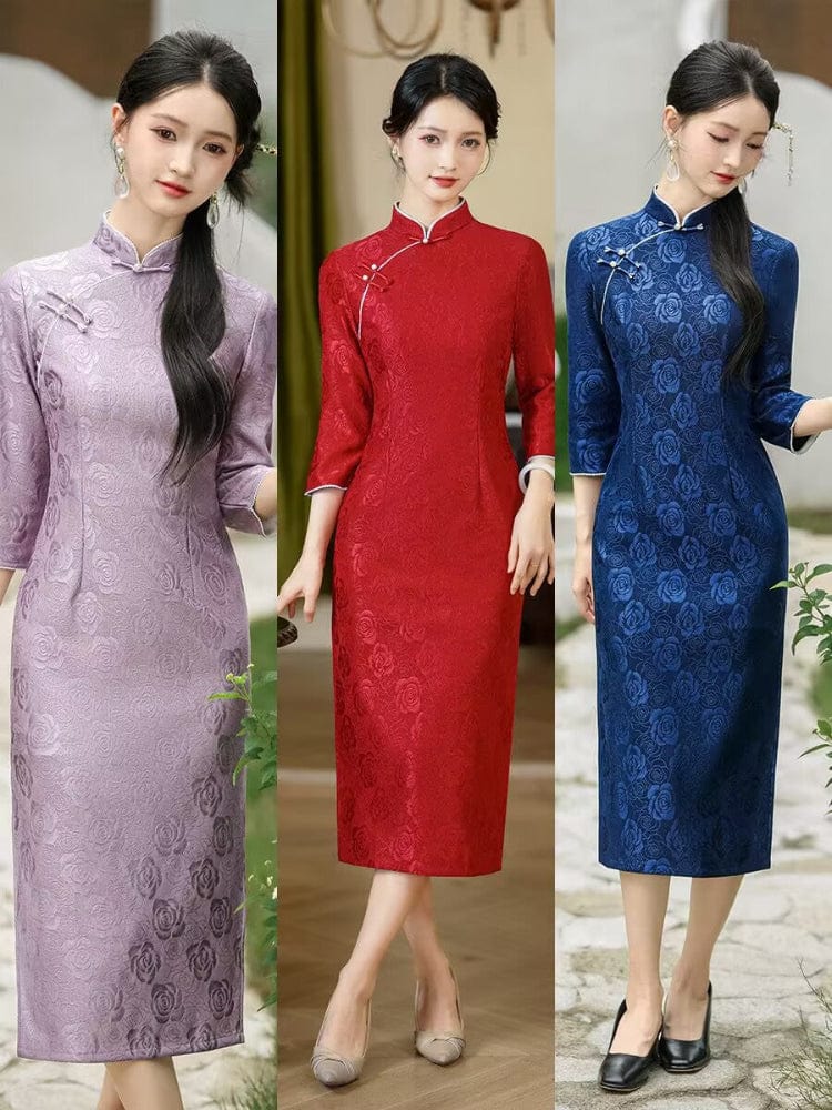 Beth and Brian Qipao-QDD Fall and winter collection, floral pattern midi plus size Cheongsam
