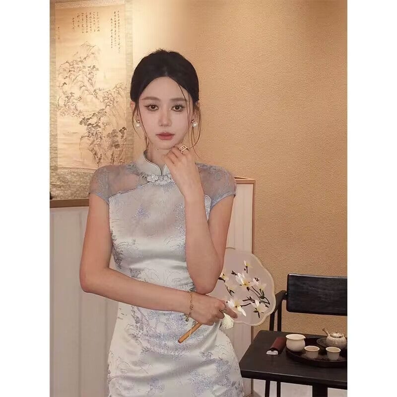 Beth and Brian Qipao-DBN Floral pattern, daily light blue short Cheongsam