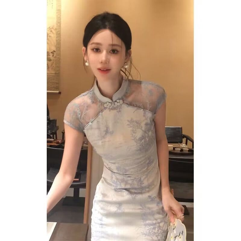Beth and Brian Qipao-DBN Floral pattern, daily light blue short Cheongsam