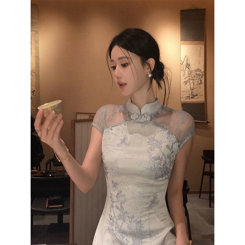 Beth and Brian Qipao-DBN Floral pattern, daily light blue short Cheongsam
