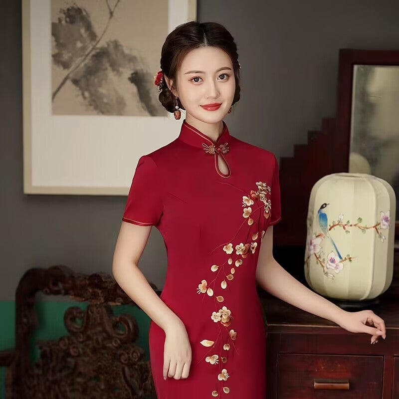 Beth and Brian Qipao-QDD Floral pattern, acetate wedding red midi plus size Cheongsam