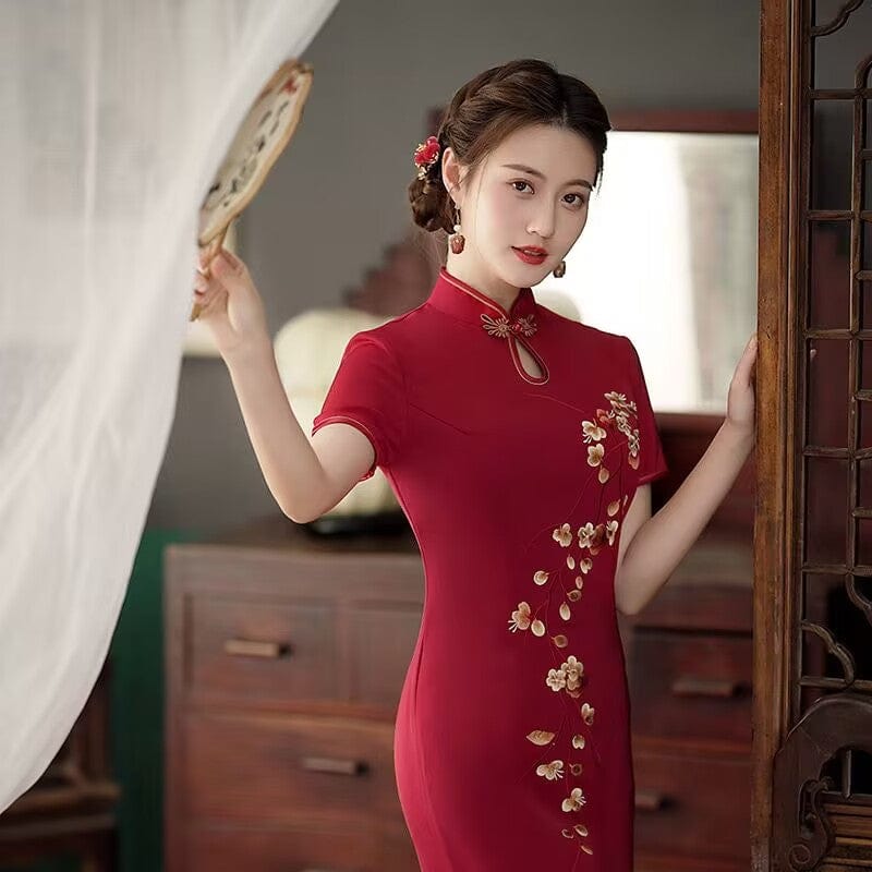 Beth and Brian Qipao-QDD Floral pattern, acetate wedding red midi plus size Cheongsam