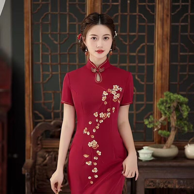 Beth and Brian Qipao-QDD Floral pattern, acetate wedding red midi plus size Cheongsam