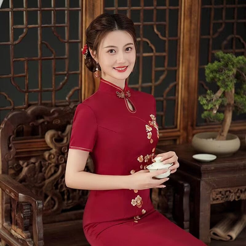 Beth and Brian Qipao-QDD Floral pattern, acetate wedding red midi plus size Cheongsam