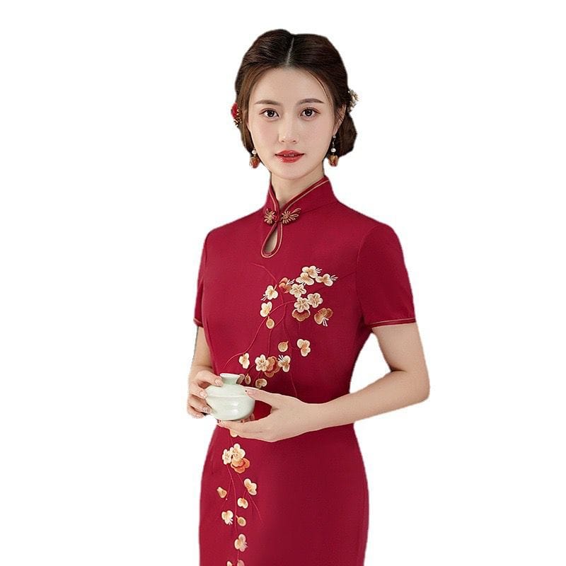 Beth and Brian Qipao-QDD Floral pattern, acetate wedding red midi plus size Cheongsam