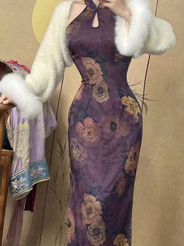 Beth and Brian Qipao-DBN New Chinese style (新中式), floral pattern, purple midi Cheongsam