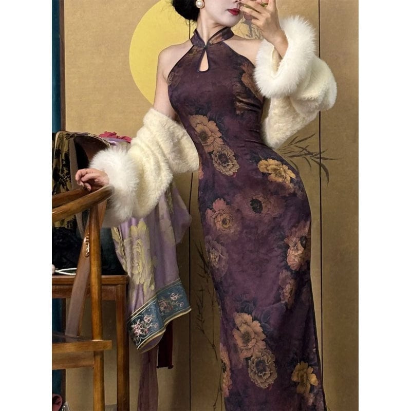 Beth and Brian Qipao-DBN New Chinese style (新中式), floral pattern, purple midi Cheongsam