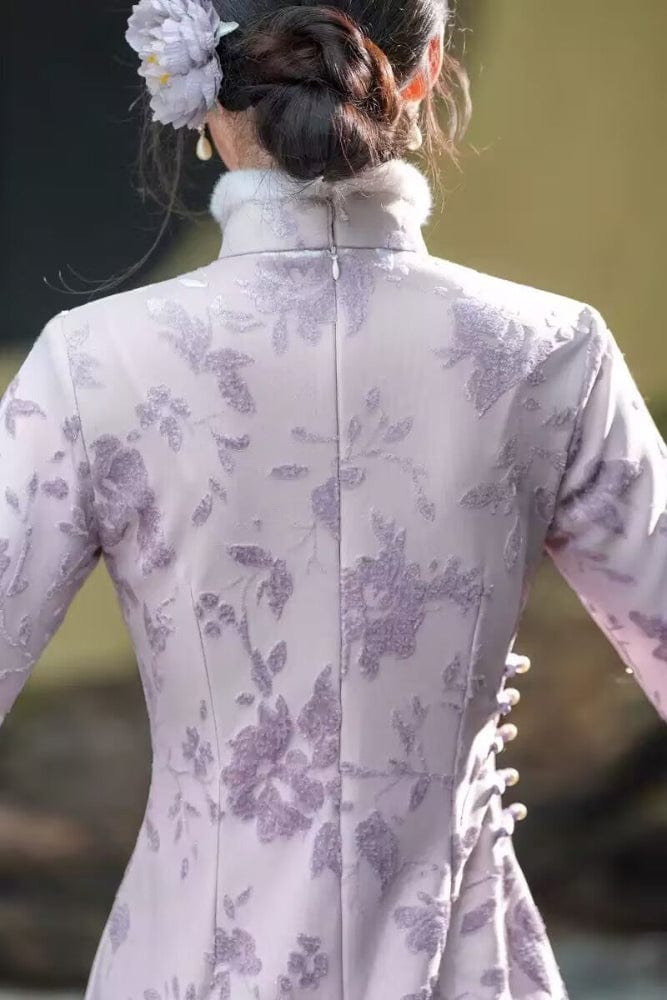 Beth and Brian Qipao-HYY Winter collection, floral pattern, purple midi Cheongsam