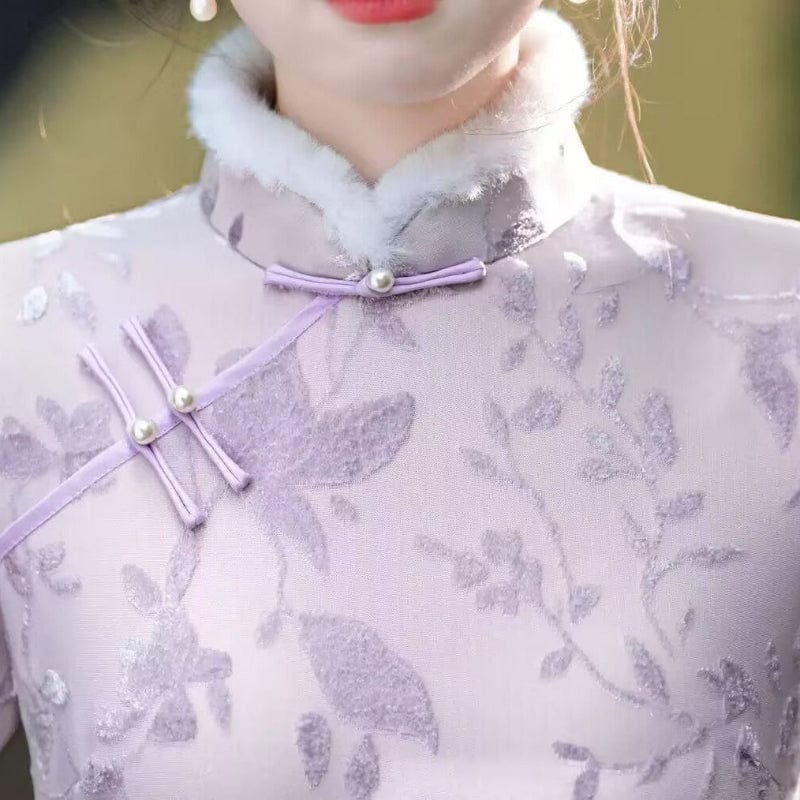 Beth and Brian Qipao-HYY Winter collection, floral pattern, purple midi Cheongsam