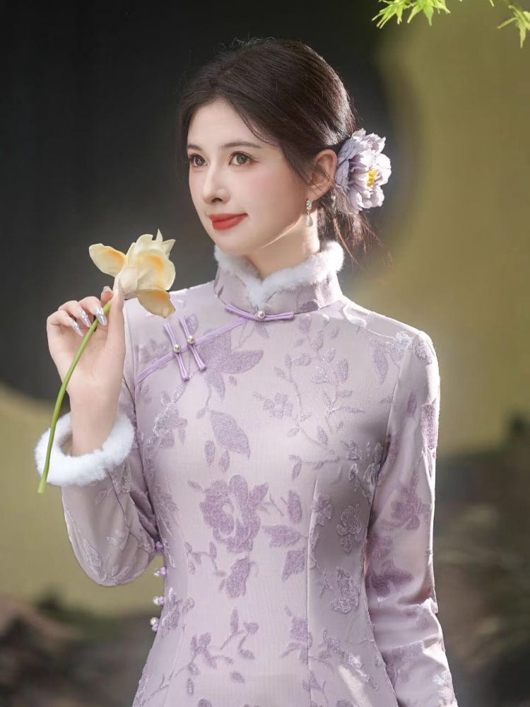 Beth and Brian Qipao-HYY Winter collection, floral pattern, purple midi Cheongsam