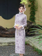 Beth and Brian Qipao-HYY Winter collection, floral pattern, purple midi Cheongsam