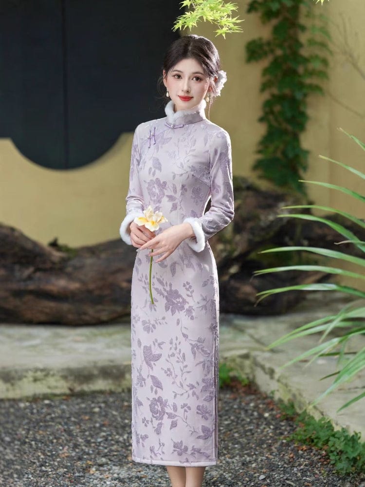 Beth and Brian Qipao-HYY Winter collection, floral pattern, purple midi Cheongsam