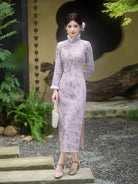 Beth and Brian Qipao-HYY Winter collection, floral pattern, purple midi Cheongsam