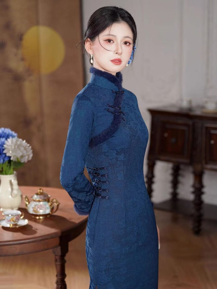 Beth and Brian Qipao-HYY Winter collection, Fleece-Lined, floral pattern midi Cheongsam