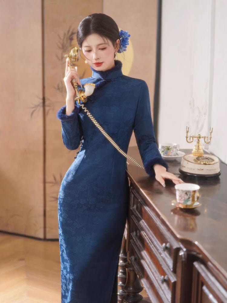 Beth and Brian Qipao-HYY Winter collection, Fleece-Lined, floral pattern midi Cheongsam