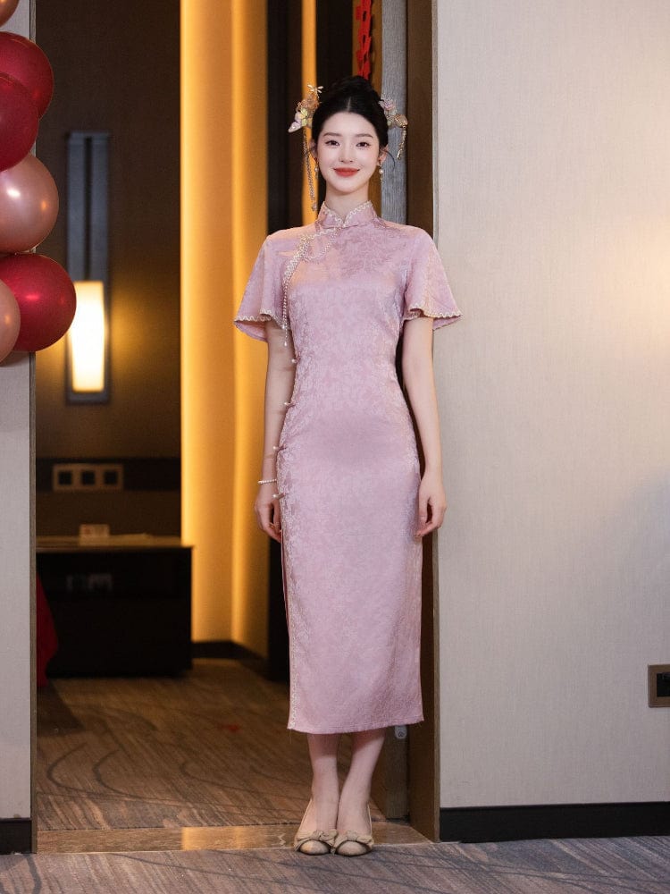 Beth and Brian Qipao-HYY Floral pattern, jacquard fabric, wedding pink midi Cheongsam