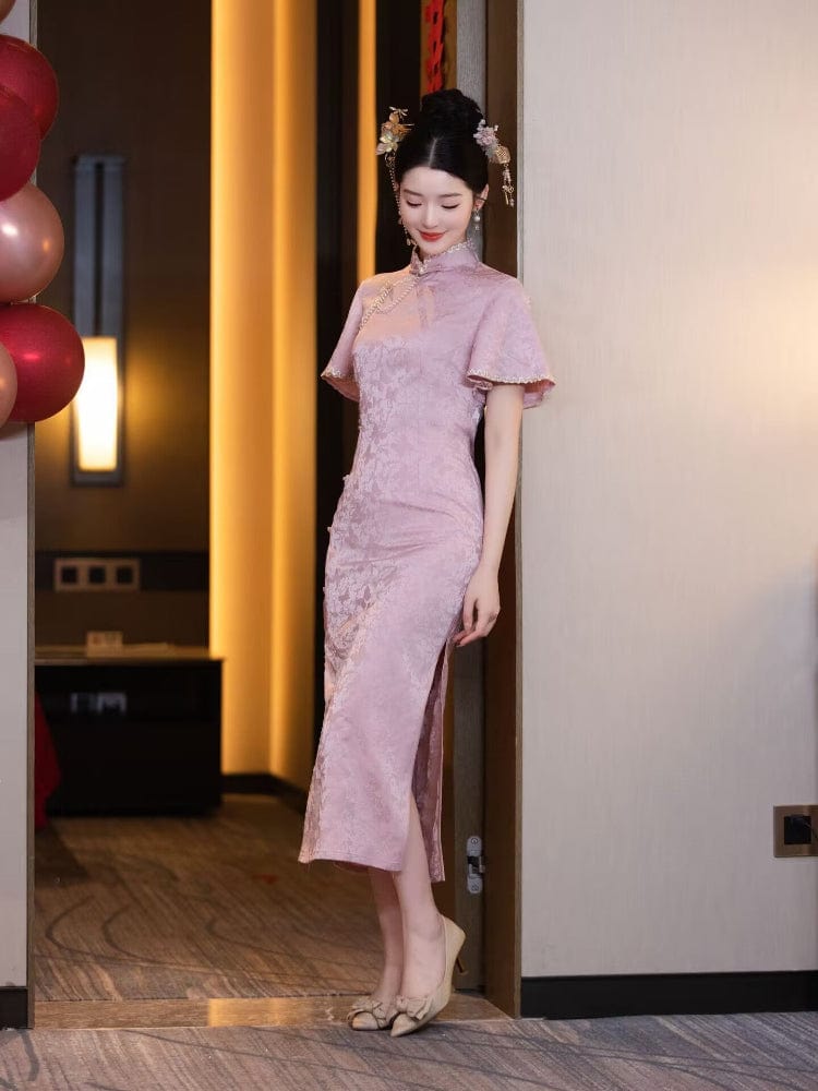 Beth and Brian Qipao-HYY Floral pattern, jacquard fabric, wedding pink midi Cheongsam