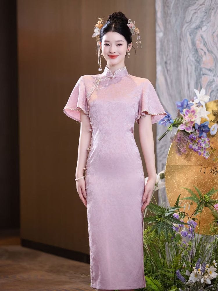 Beth and Brian Qipao-HYY Floral pattern, jacquard fabric, wedding pink midi Cheongsam
