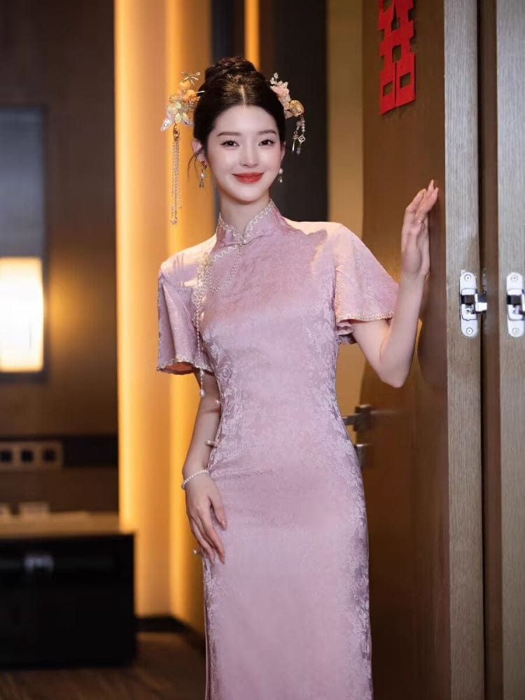 Beth and Brian Qipao-HYY Floral pattern, jacquard fabric, wedding pink midi Cheongsam