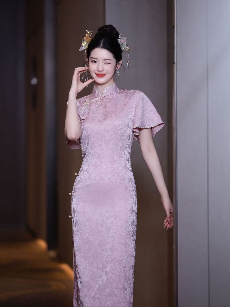 Beth and Brian Qipao-HYY Floral pattern, jacquard fabric, wedding pink midi Cheongsam